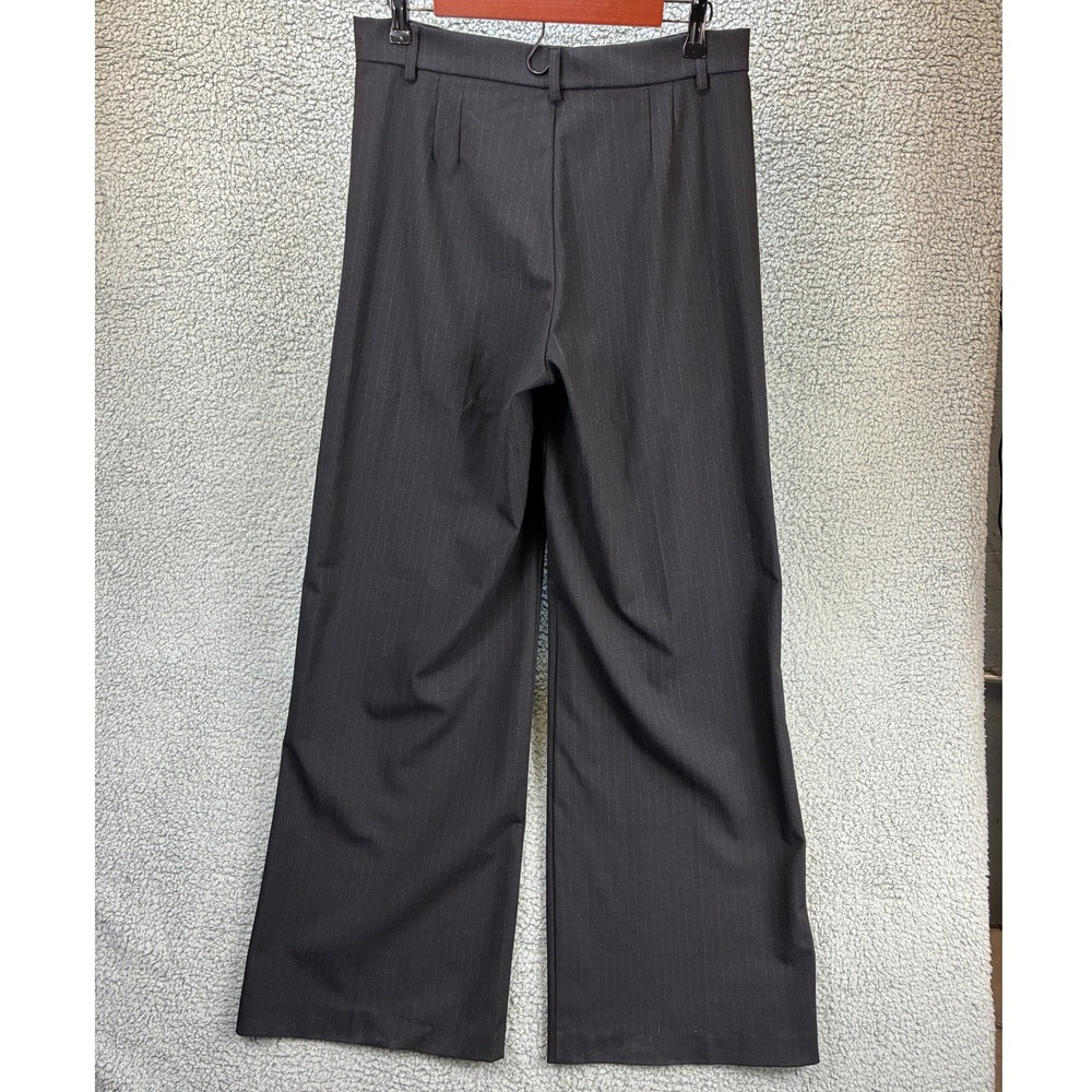 Zara Pinstripe Wide Leg Pants Women's Large Black Pleated Trousers High Waist - Picture 13 of 14